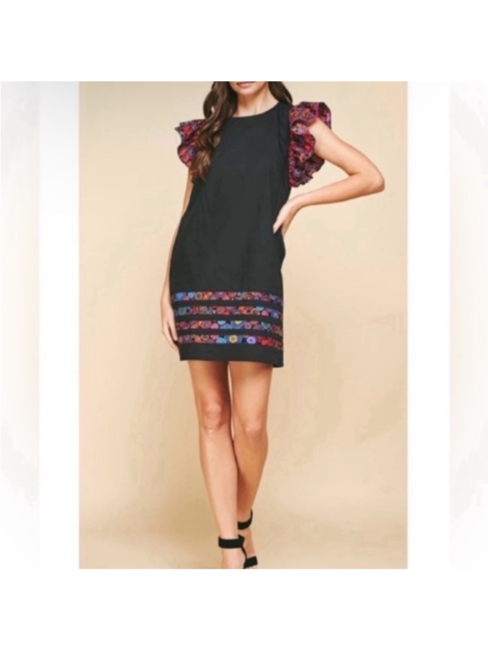 Pinch Black Mini Dress with Floral Trim and Ruffled Sleeves